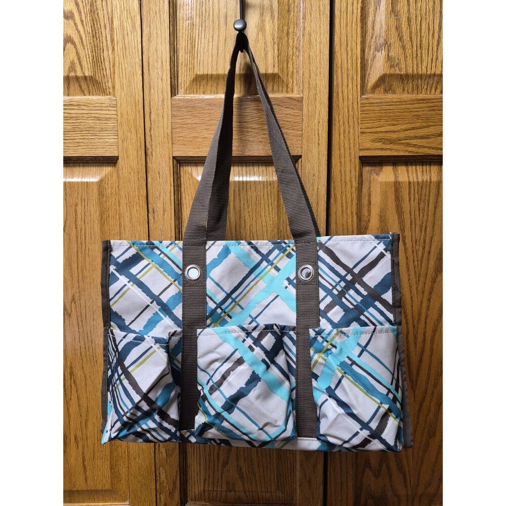 31 Thirty One Organizing Utility Tote Bag Sea Plaid Open-Top Medium Double Handl